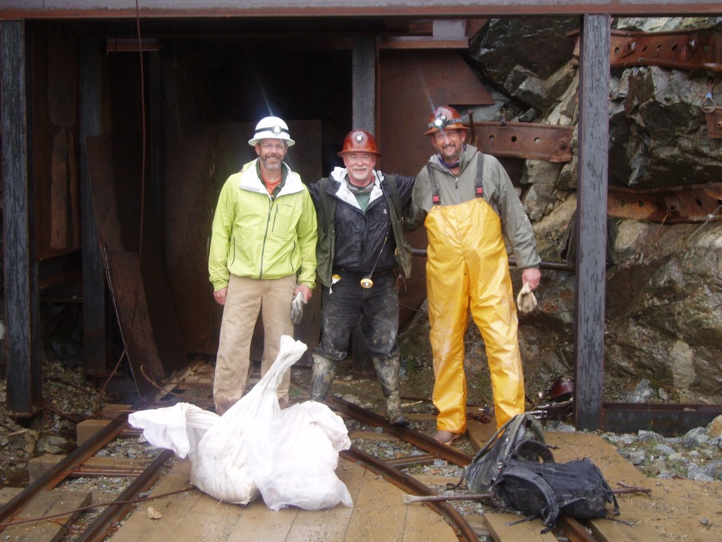 Portal of the Coleman Mine at Willow Creek. L-R Consultant – Bill Burnett, Pete Parsley – Chief geologist Gold Torrent Inc., Ken Cunningham – Miranda Gold